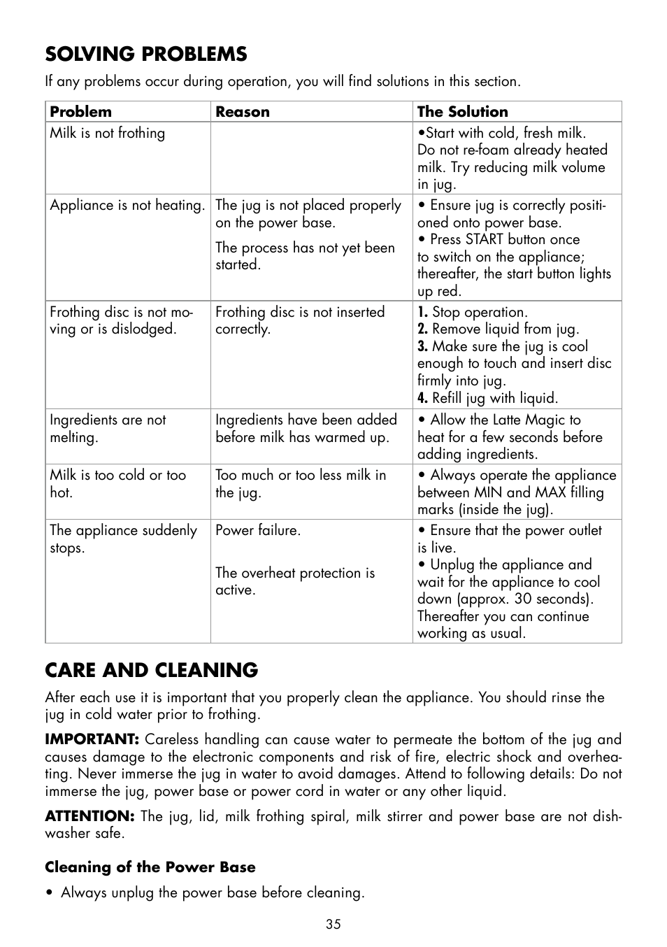Solving problems, Care and cleaning | Gastroback 42325 Latte Magic User Manual | Page 13 / 18