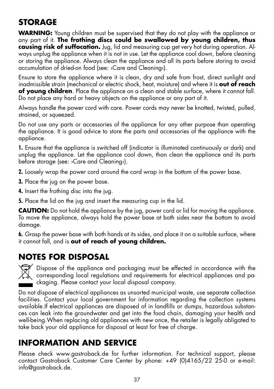 Storage, Information and service | Gastroback 42325 Latte Magic User Manual | Page 15 / 18