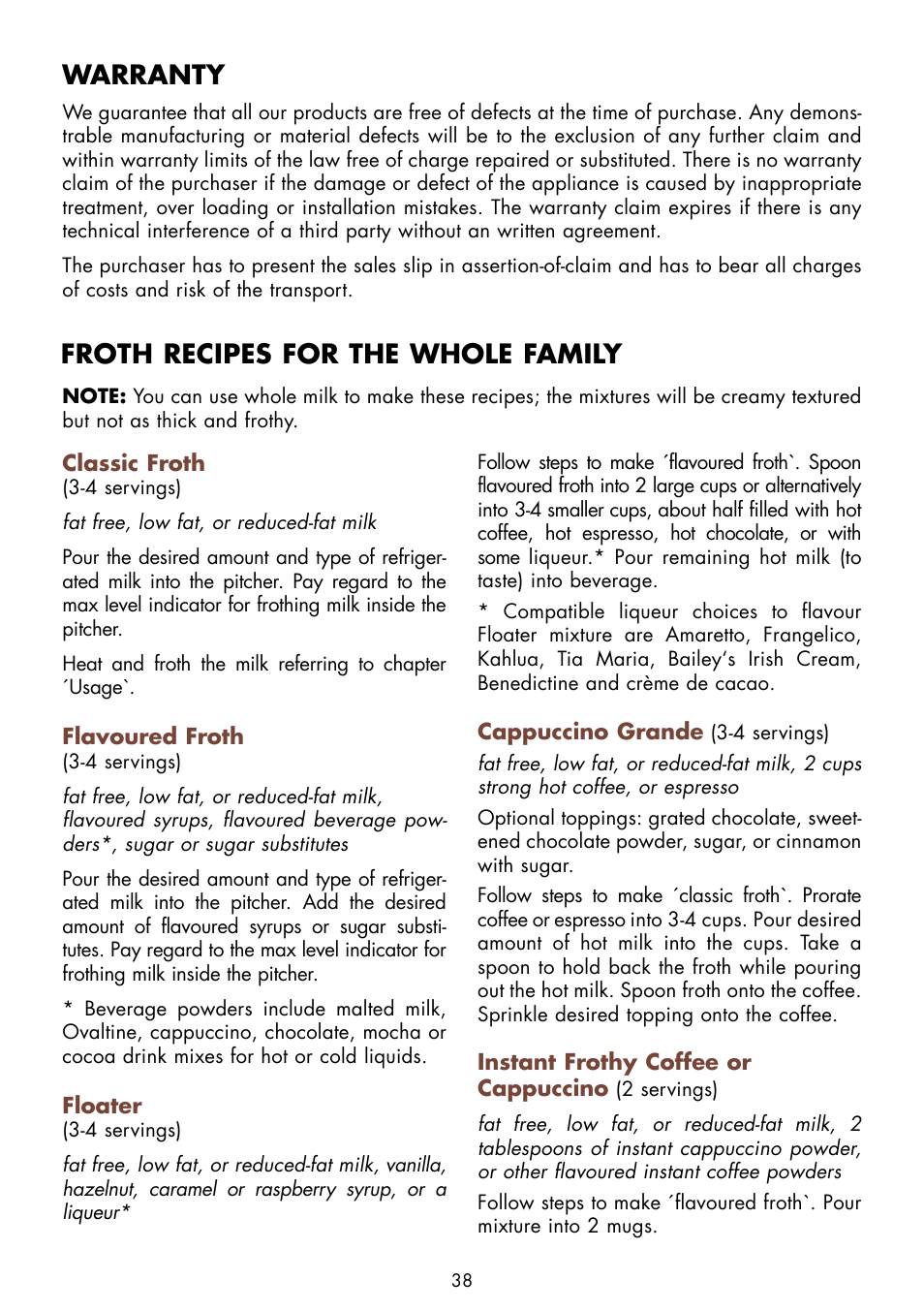 Warranty, Froth recipes for the whole family | Gastroback 42325 Latte Magic User Manual | Page 16 / 18