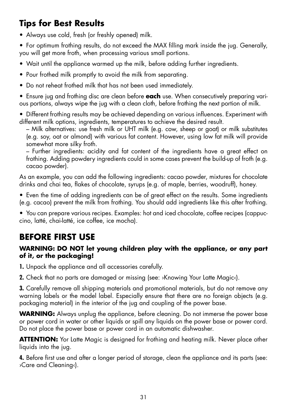 Tips for best results, Before first use | Gastroback 42325 Latte Magic User Manual | Page 9 / 18