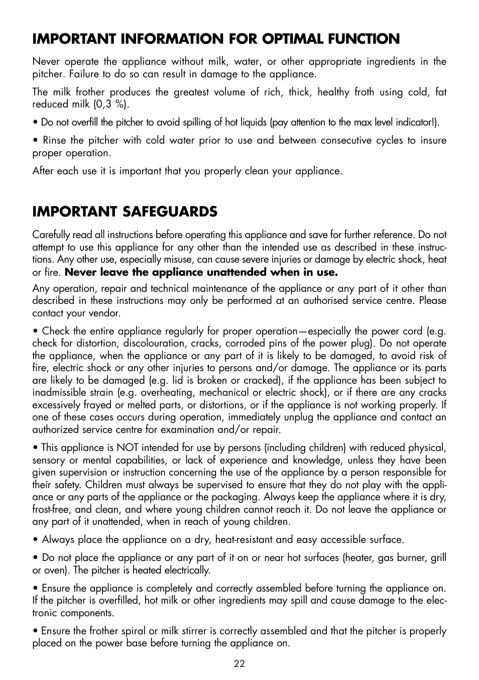 Important information for optimal function, Important safeguards | Gastroback 42320 Easy Cino Plus Milk Frother User Manual | Page 4 / 18