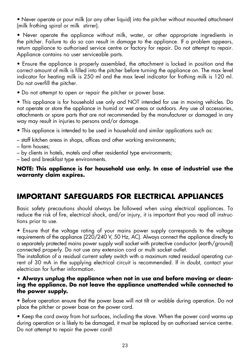 Important safeguards for electrical appliances | Gastroback 42320 Easy Cino Plus Milk Frother User Manual | Page 5 / 18