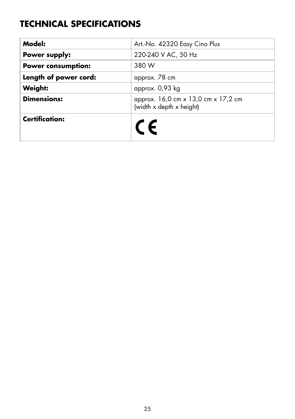 Technical specifications | Gastroback 42320 Easy Cino Plus Milk Frother User Manual | Page 7 / 18