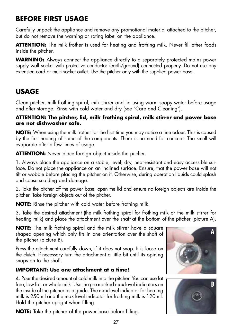 Before first usage, Usage | Gastroback 42320 Easy Cino Plus Milk Frother User Manual | Page 9 / 18