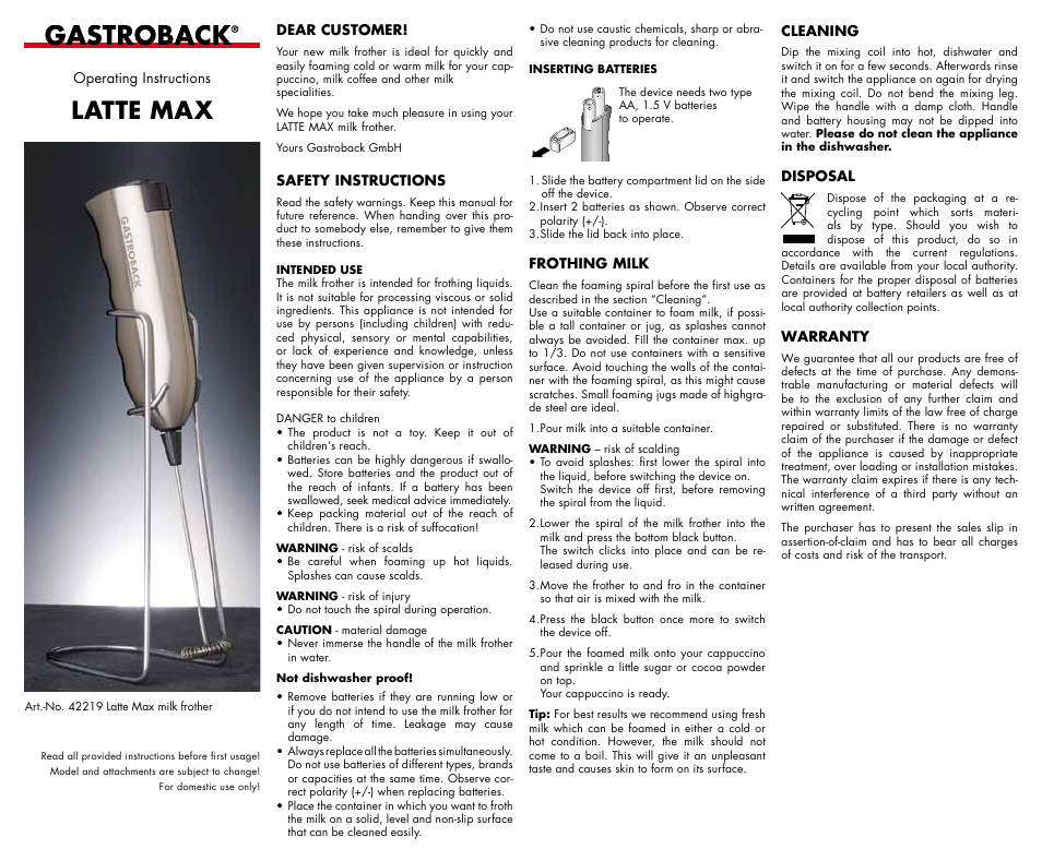 Gastroback 42219 Latte Max Milk Frother User Manual | 1 page