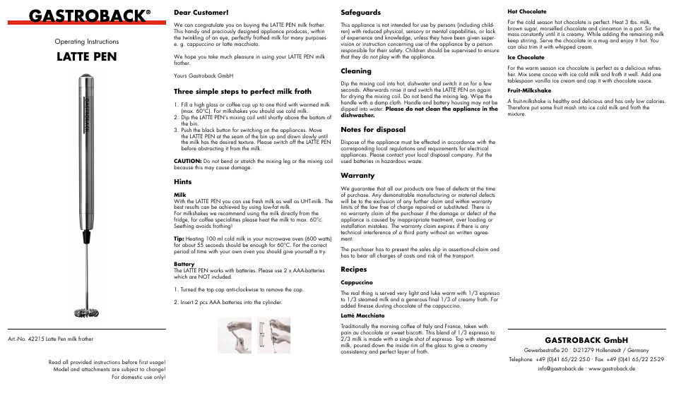 Gastroback 42215 Latte Pen Milk Frother User Manual | 1 page