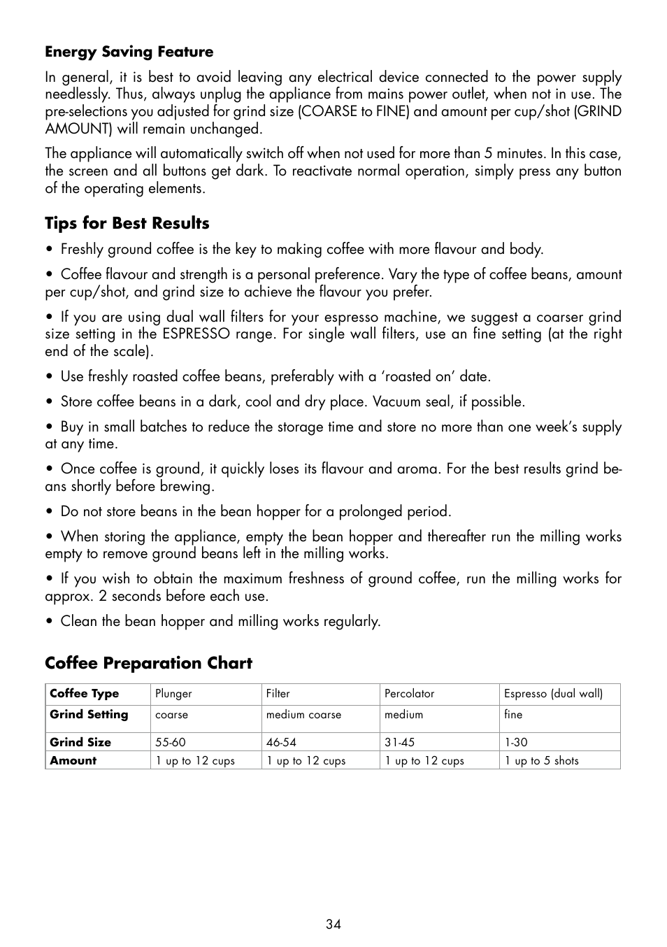 Tips for best results, Coffee preparation chart | Gastroback 42639 Design Coffee Grinder Advanced Pro User Manual | Page 10 / 23