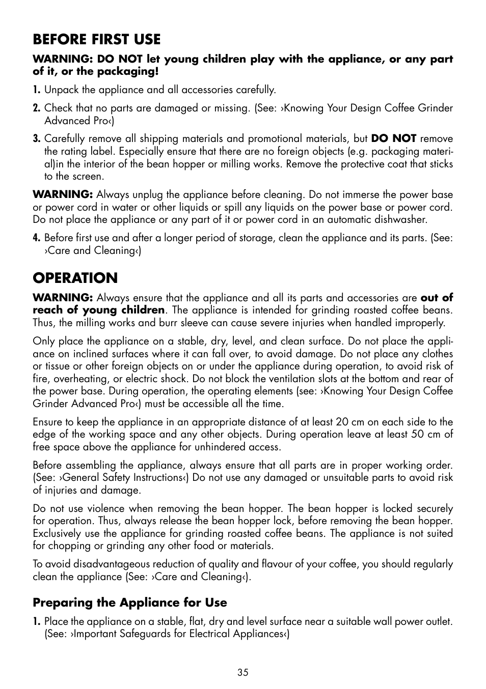 Before first use, Operation | Gastroback 42639 Design Coffee Grinder Advanced Pro User Manual | Page 11 / 23