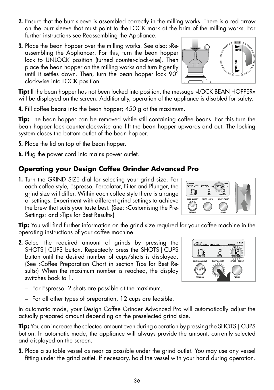 Operating your design coffee grinder advanced pro | Gastroback 42639 Design Coffee Grinder Advanced Pro User Manual | Page 12 / 23