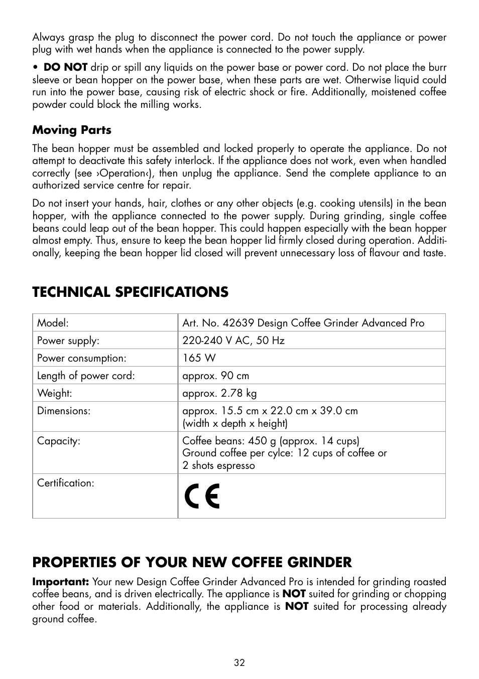 Technical specifications, Properties of your new coffee grinder | Gastroback 42639 Design Coffee Grinder Advanced Pro User Manual | Page 8 / 23