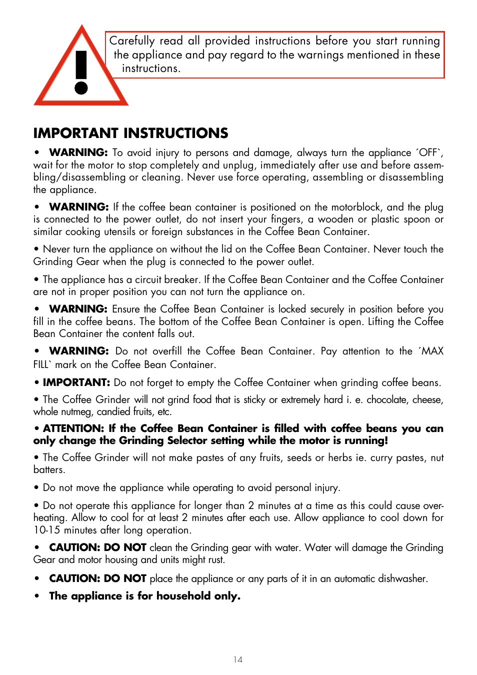 Important instructions | Gastroback 42602 Design Coffee Grinder Advanced User Manual | Page 2 / 12