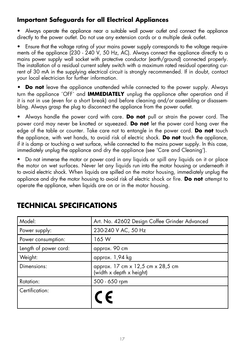 Technical specifications | Gastroback 42602 Design Coffee Grinder Advanced User Manual | Page 5 / 12