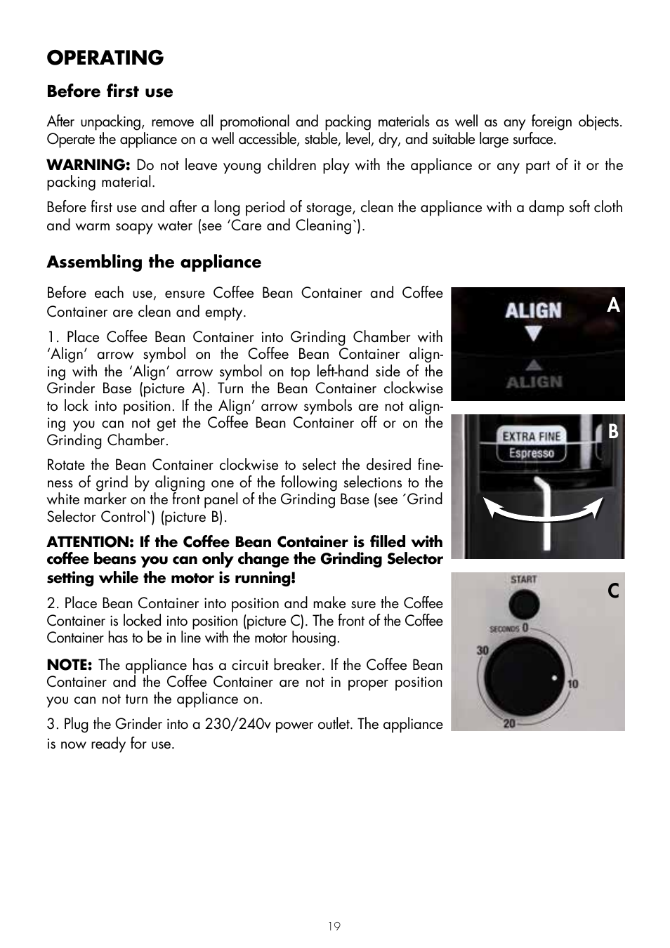 Operating, Ac b | Gastroback 42602 Design Coffee Grinder Advanced User Manual | Page 7 / 12