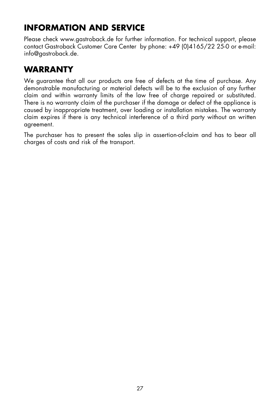 Information and service, Warranty | Gastroback 42601 Design Coffee Grinder Basic User Manual | Page 13 / 14