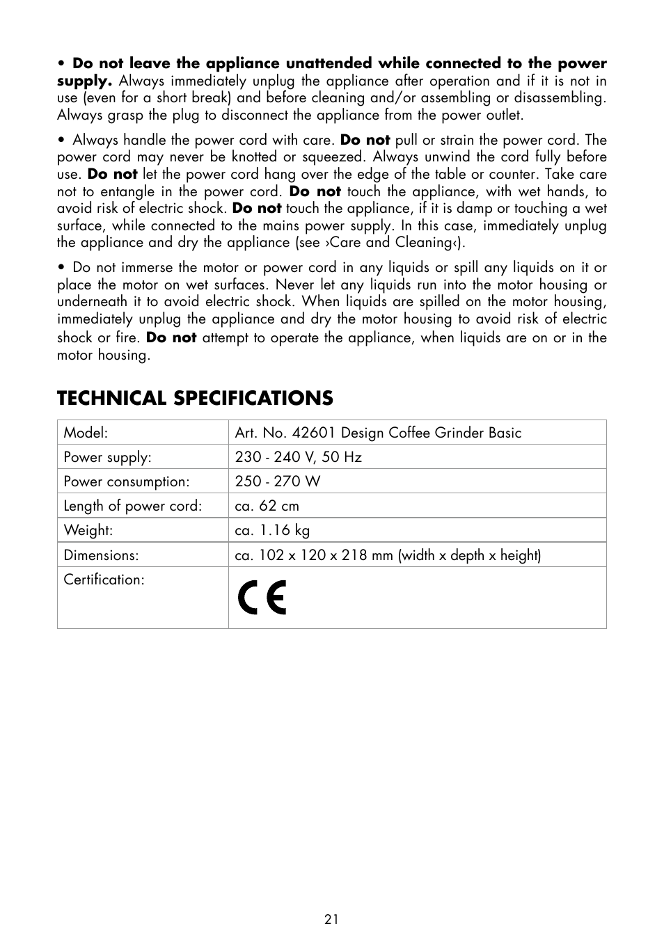 Technical specifications | Gastroback 42601 Design Coffee Grinder Basic User Manual | Page 7 / 14
