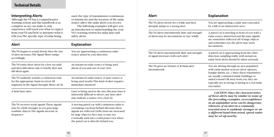 Technical details, Interpreting alerts, Explanation | Alert | Beltronics V6 User Manual | Page 10 / 16