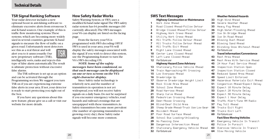 Technical details, How safety radar works, Sws text messages | Tsr signal ranking software | Beltronics V6 User Manual | Page 12 / 16