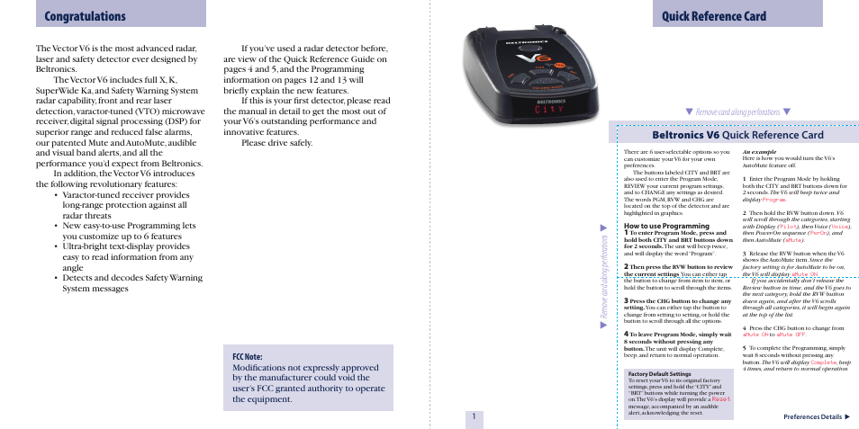 Beltronics v6 quick reference card | Beltronics V6 User Manual | Page 2 / 16