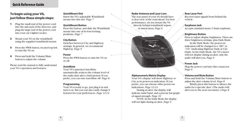 Quick reference guide | Beltronics V6 User Manual | Page 4 / 16