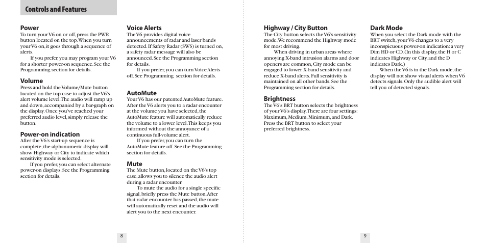 Controls and features | Beltronics V6 User Manual | Page 6 / 16