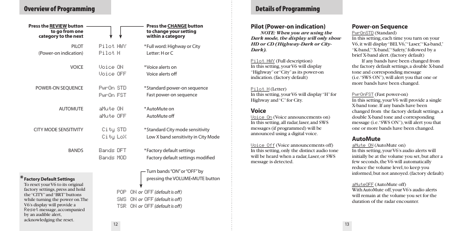 Overview of programming details of programming | Beltronics V6 User Manual | Page 8 / 16