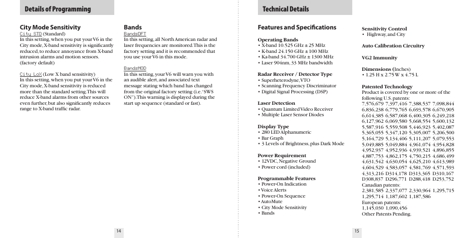 Details of programming technical details | Beltronics V6 User Manual | Page 9 / 16