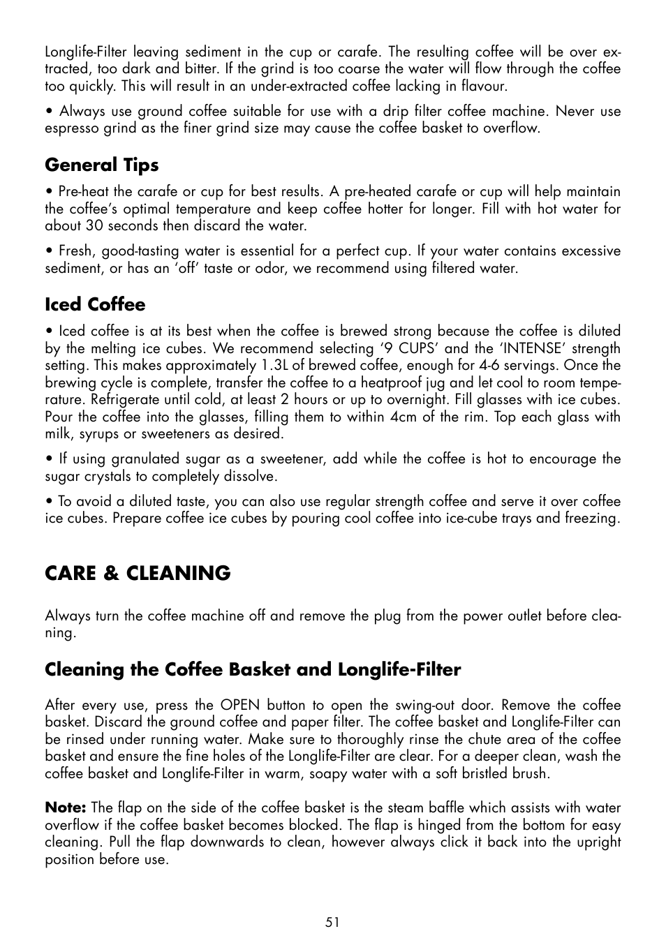 Care & cleaning, General tips, Iced coffee | Cleaning the coffee basket and longlife-filter | Gastroback 42712 Design Coffee Advanced - Grind & Brew User Manual | Page 19 / 32