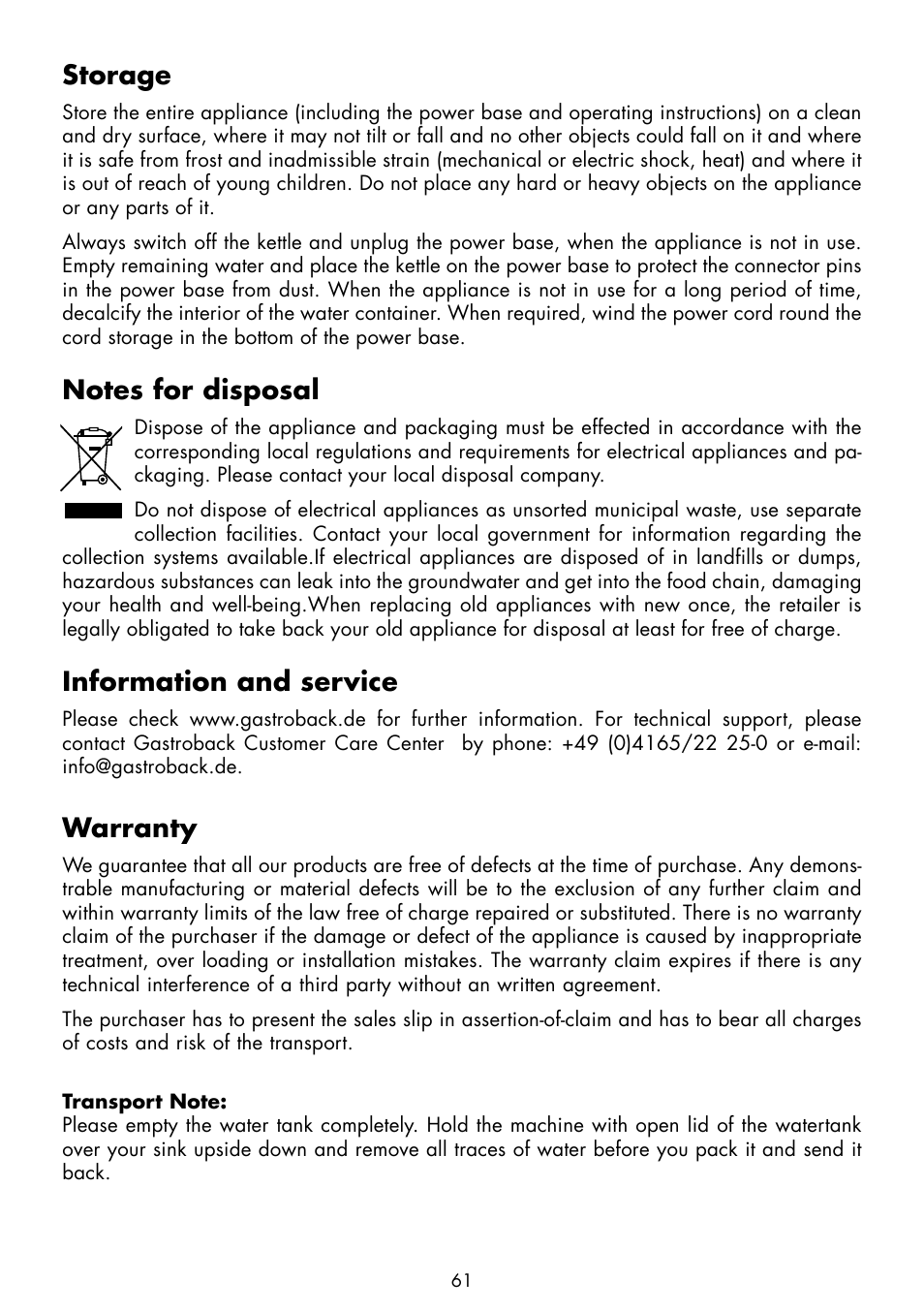 Storage, Information and service, Warranty | Gastroback 42712 Design Coffee Advanced - Grind & Brew User Manual | Page 29 / 32