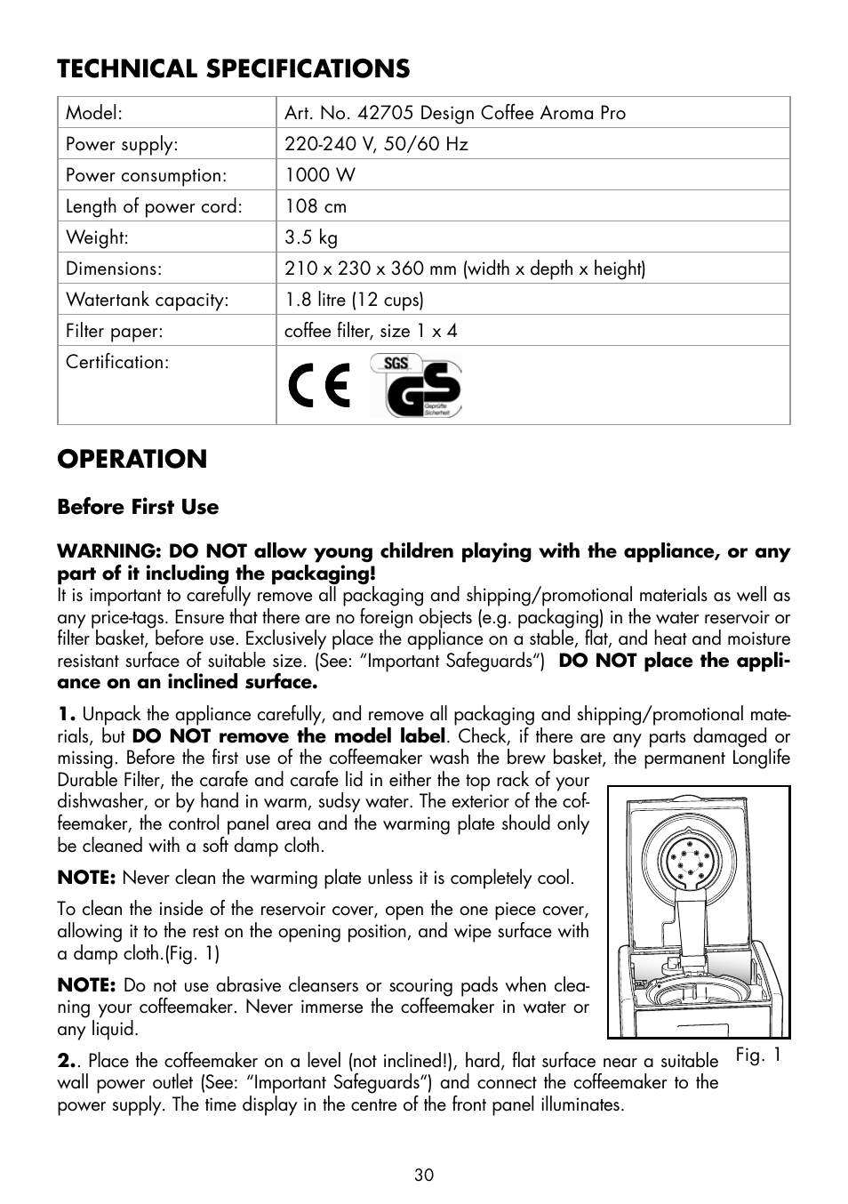 Technical specifications, Operation | Gastroback 42705 Design Coffee Aroma Pro User Manual | Page 10 / 20