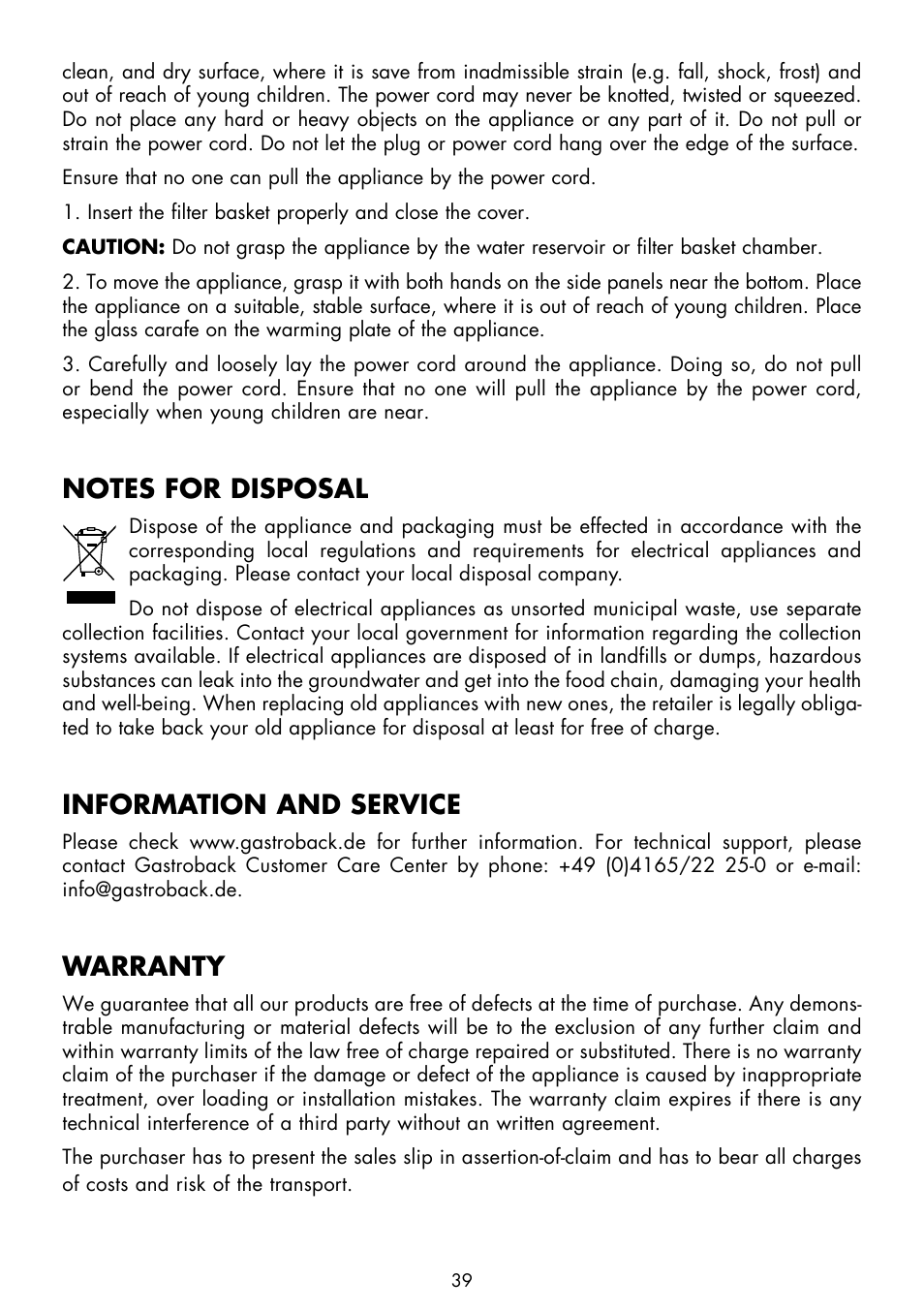 Information and service, Warranty | Gastroback 42705 Design Coffee Aroma Pro User Manual | Page 19 / 20