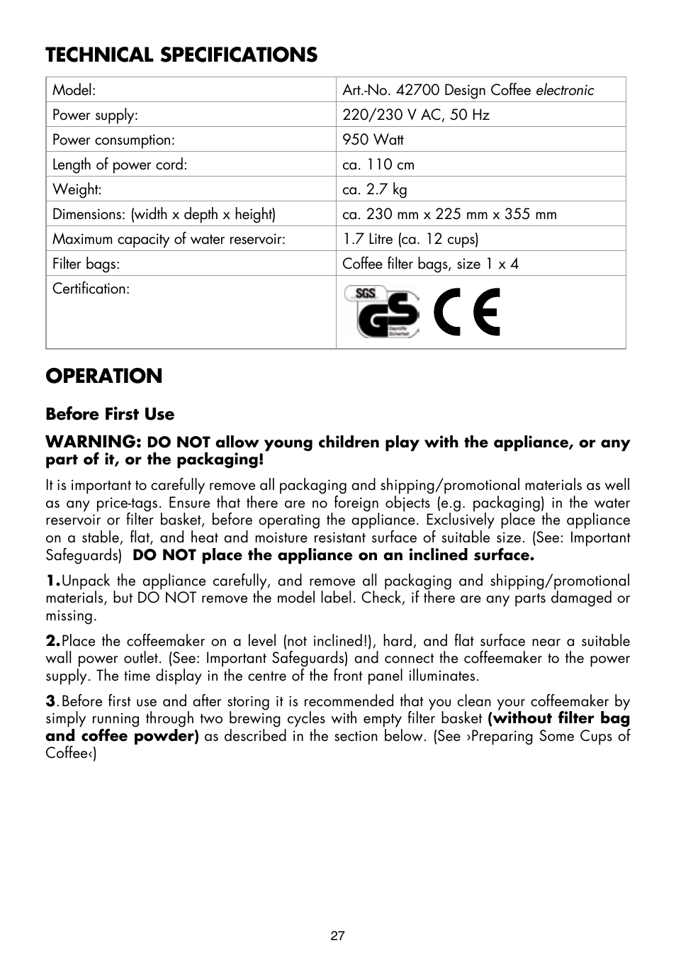 Technical specifications, Operation | Gastroback 42700 Design Coffee Electronic User Manual | Page 7 / 18