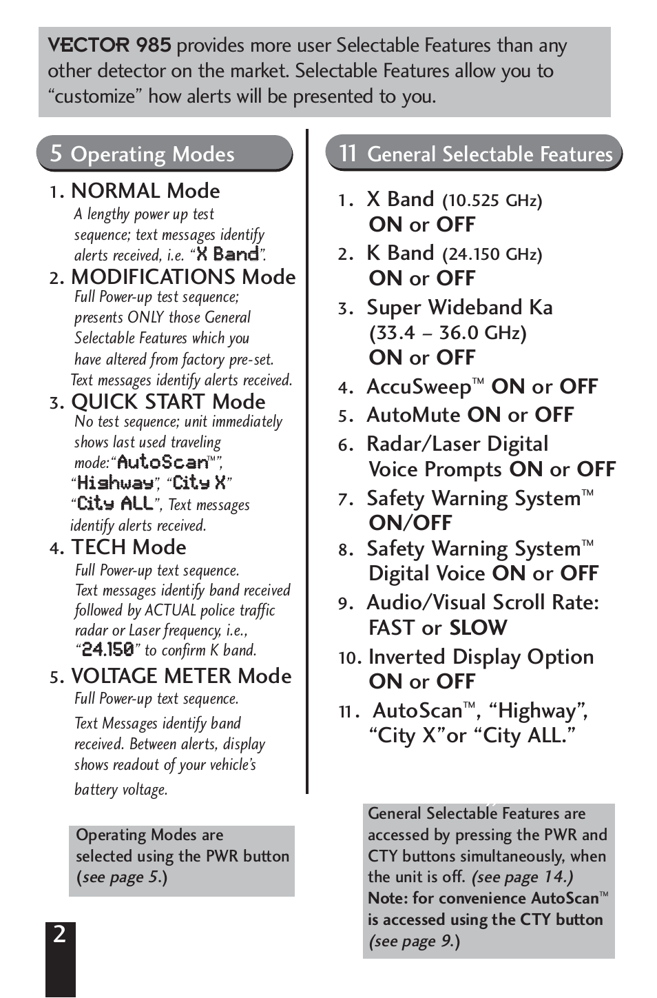 Vector 985, Operating modes, Normal mode | Modifications mode, Quick start mode, Tech mode, Voltage meter mode, General selectable features, X band, On or off | Beltronics V985 User Manual | Page 4 / 32