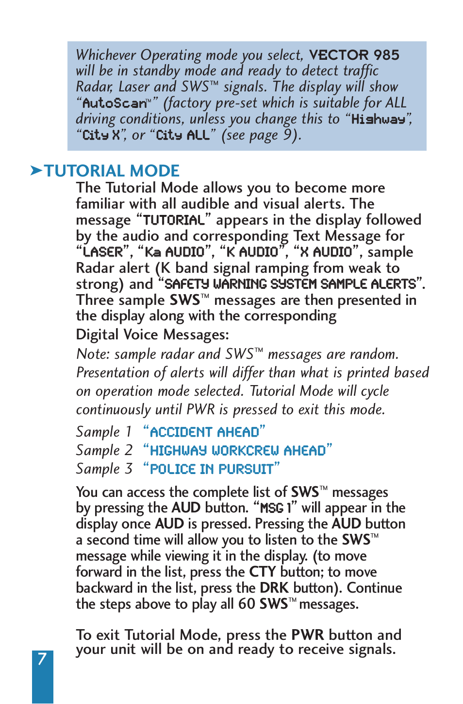 Tutorial mode | Beltronics V985 User Manual | Page 9 / 32