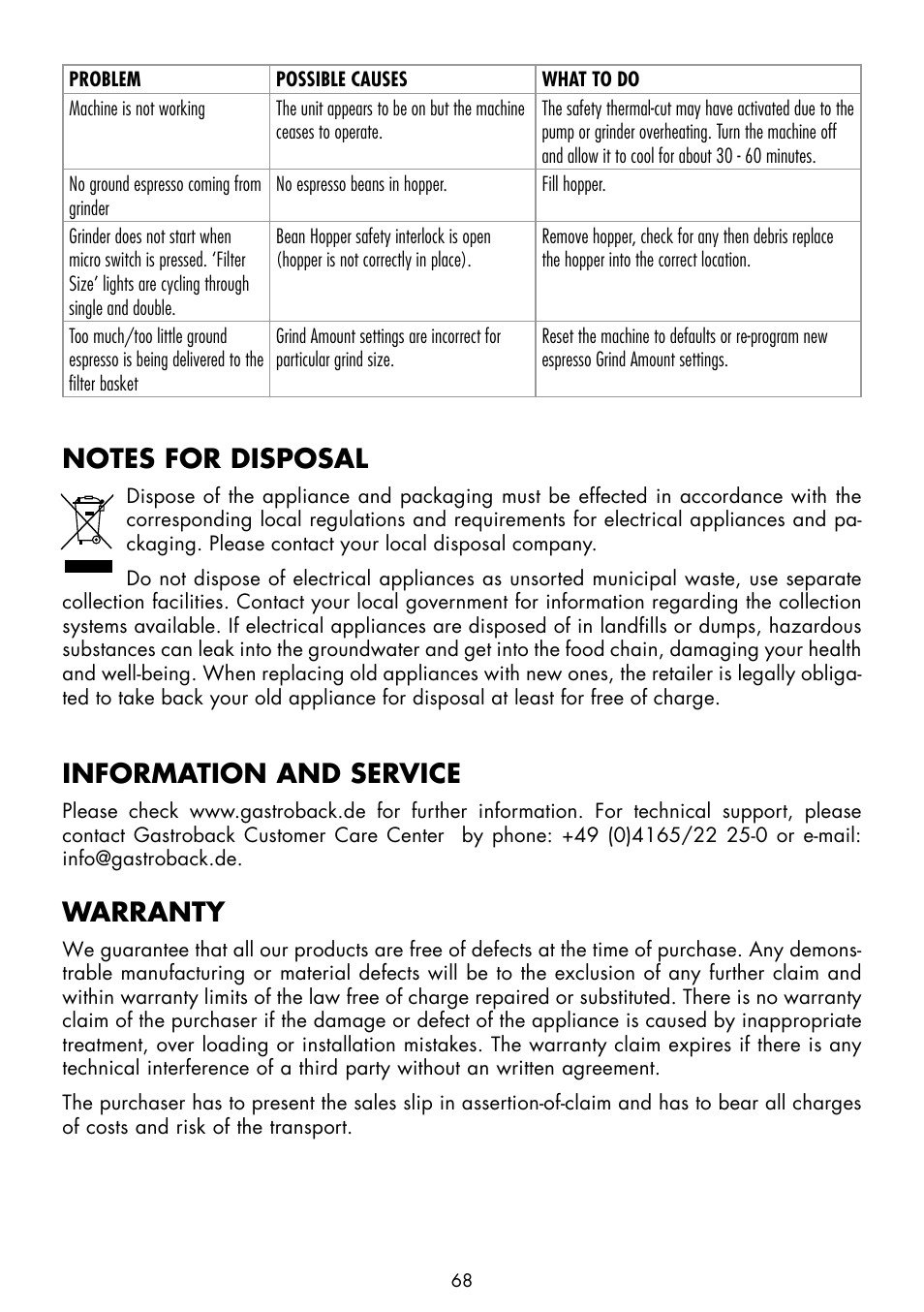 Information and service, Warranty | Gastroback 42620 Design Espresso Advanced - Barista Edition User Manual | Page 32 / 36