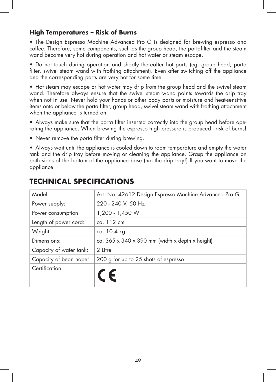 Technical specifications | Gastroback 42612 Design Espresso Machine Advanced Pro G User Manual | Page 11 / 38