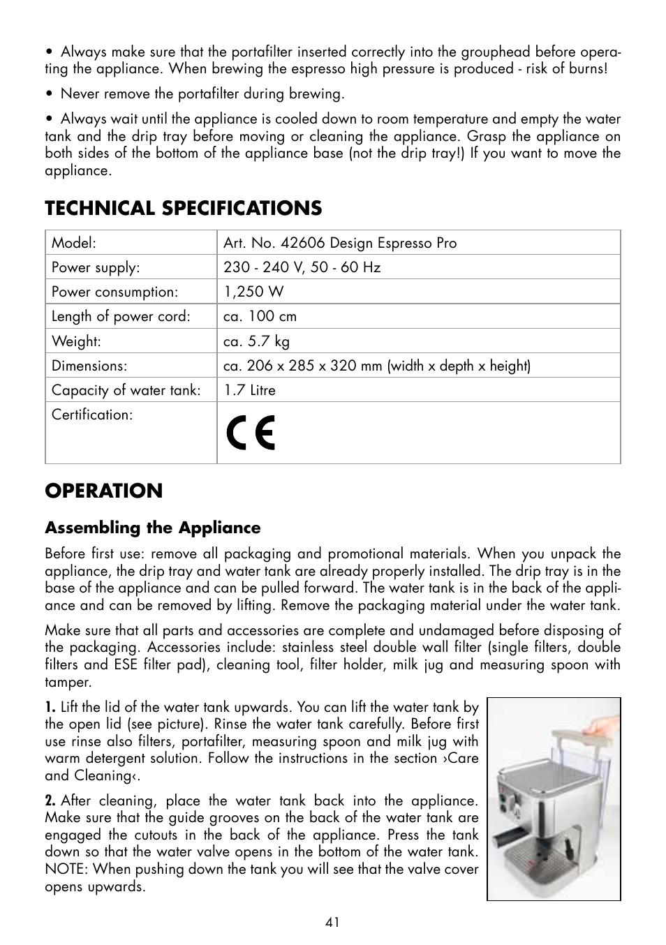 Technical specifications, Operation | Gastroback 42606 Design Espresso Plus User Manual | Page 11 / 30