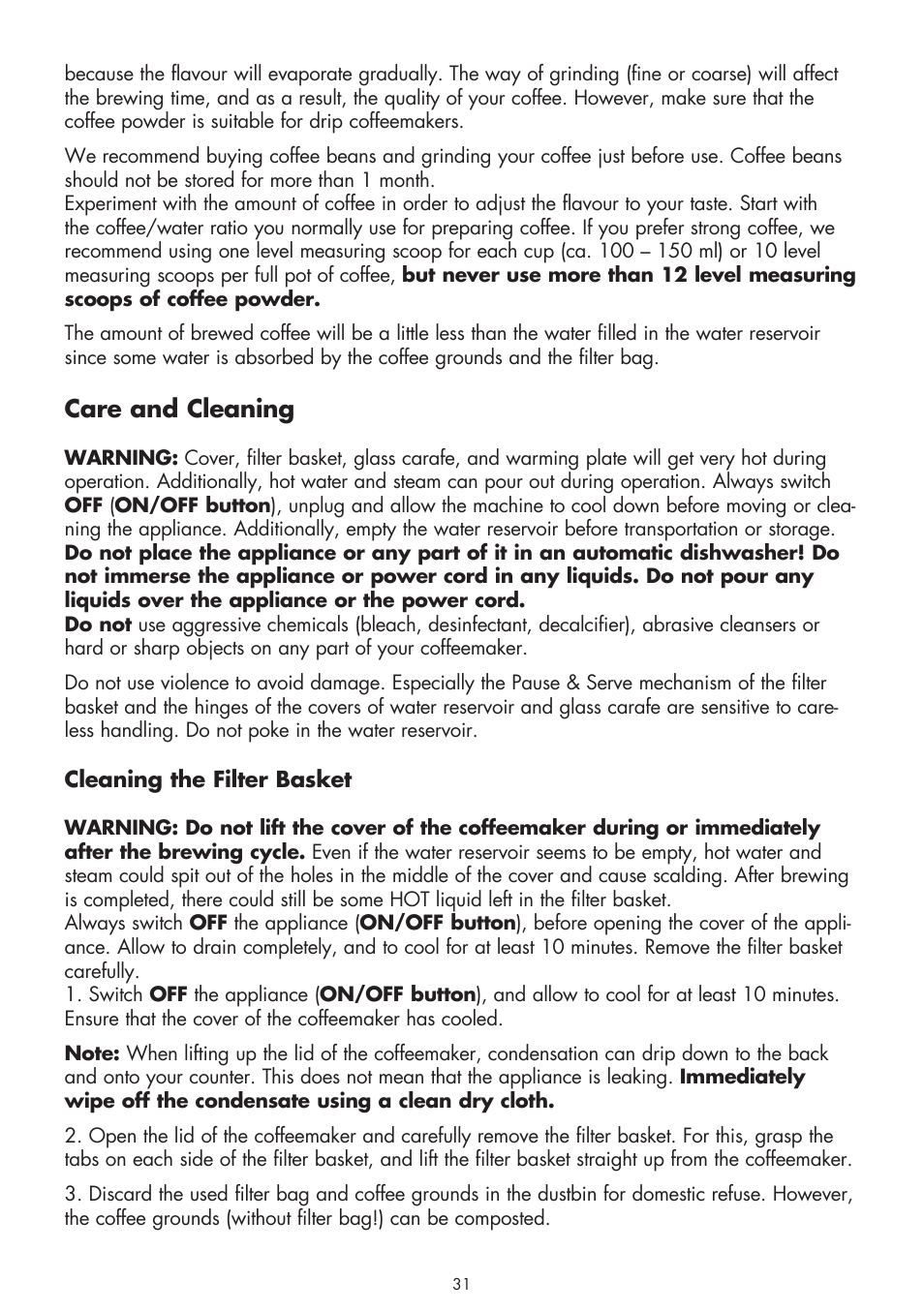 Care and cleaning | Gastroback 42703 Design Coffee Aroma Plus User Manual | Page 13 / 18