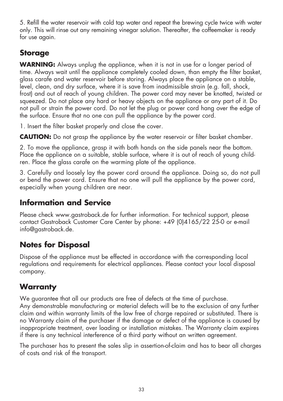 Storage, Information and service, Warranty | Gastroback 42703 Design Coffee Aroma Plus User Manual | Page 15 / 18