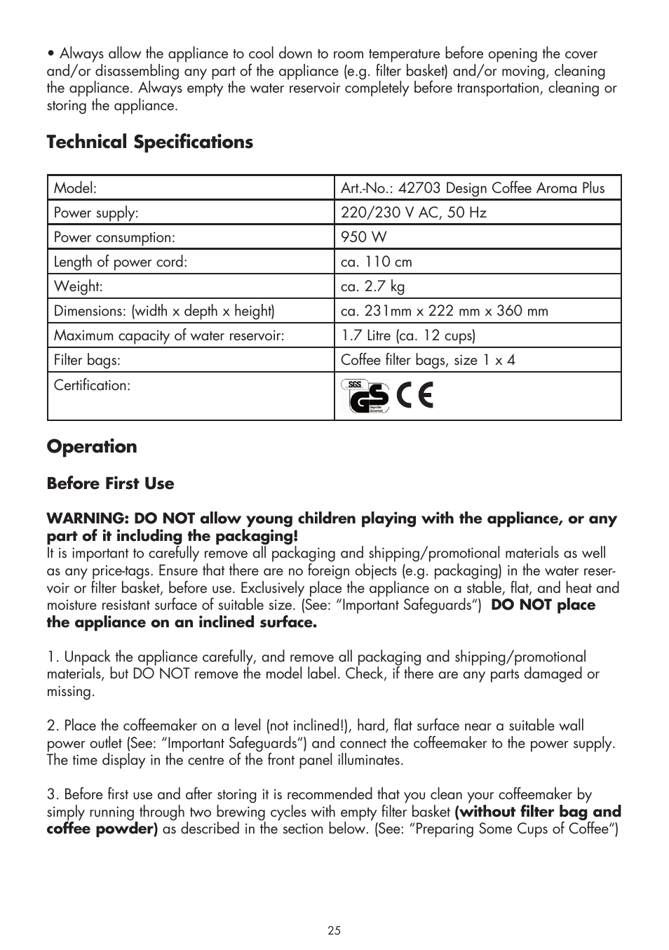 Technical specifications, Operation | Gastroback 42703 Design Coffee Aroma Plus User Manual | Page 7 / 18