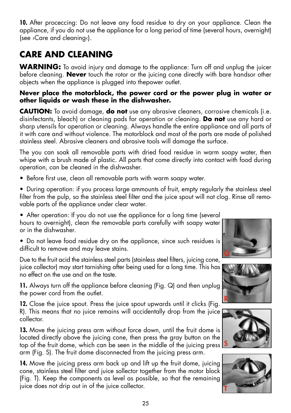 Care and cleaning | Gastroback 41124 Electric Citrus Juicer User Manual | Page 11 / 14