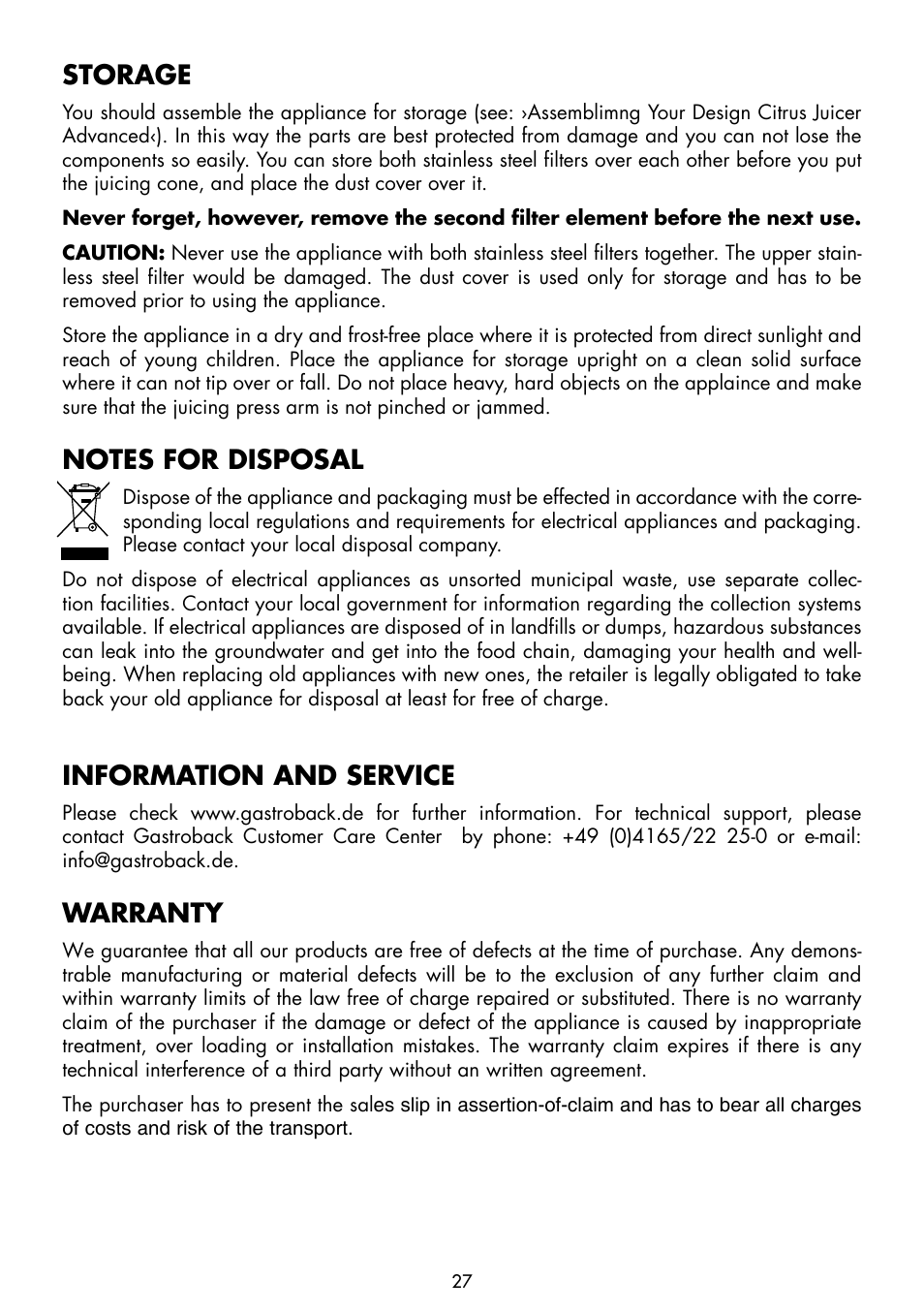 Storage, Information and service, Warranty | Gastroback 41124 Electric Citrus Juicer User Manual | Page 13 / 14