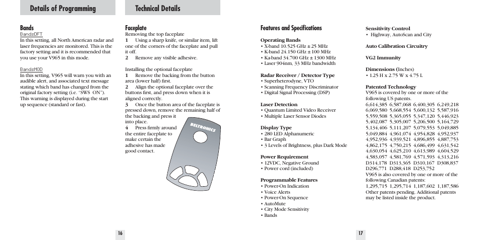 Details of programming, Technical details | Beltronics V965 User Manual | Page 10 / 16