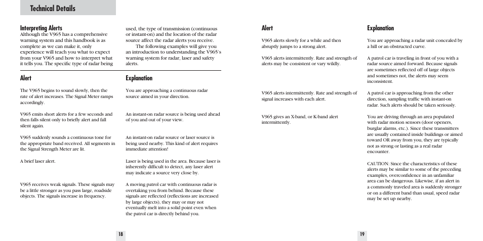 Technical details, Interpreting alerts, Explanation | Alert | Beltronics V965 User Manual | Page 11 / 16