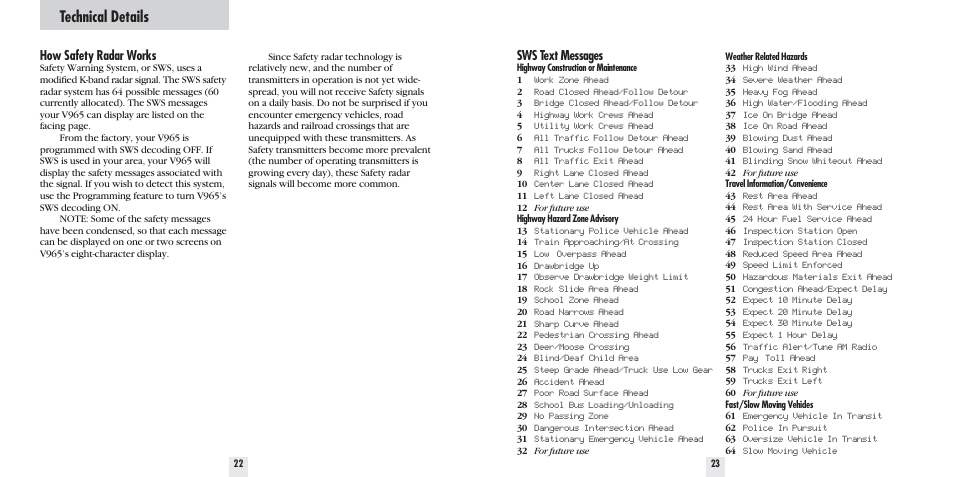 Technical details, How safety radar works, Sws text messages | Beltronics V965 User Manual | Page 13 / 16