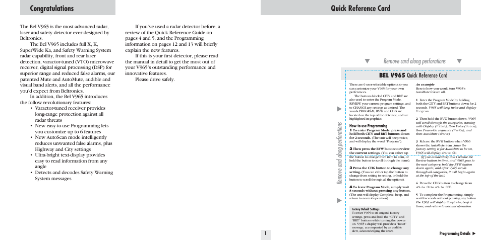 Bel v965 quick reference card | Beltronics V965 User Manual | Page 2 / 16