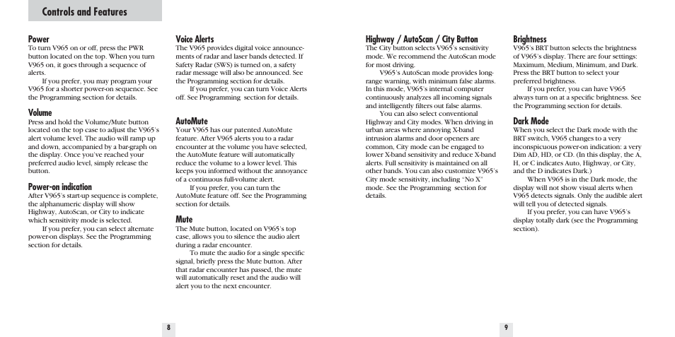 Controls and features | Beltronics V965 User Manual | Page 6 / 16