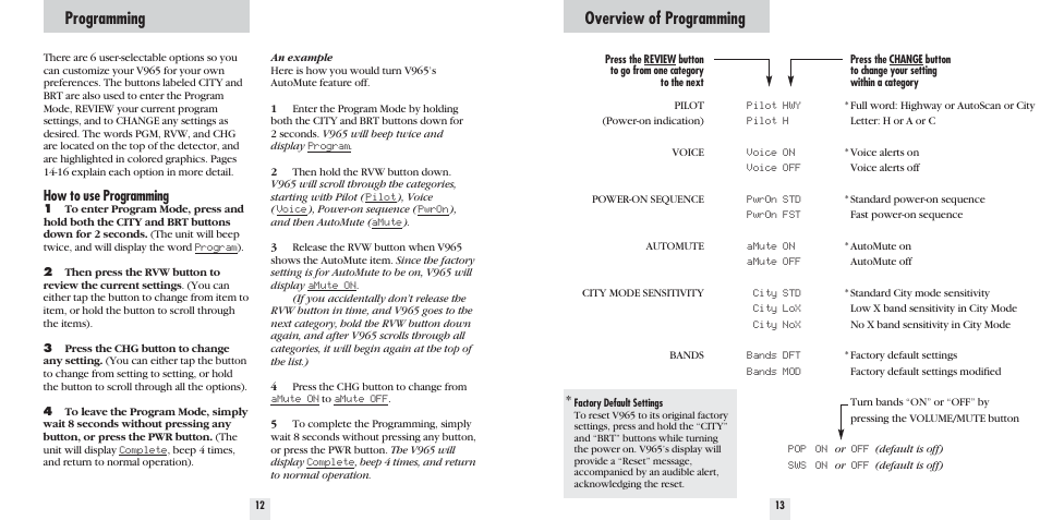 Programming, Overview of programming, How to use programming | Beltronics V965 User Manual | Page 8 / 16