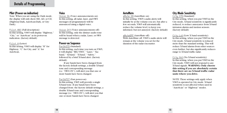 Details of programming | Beltronics V965 User Manual | Page 9 / 16