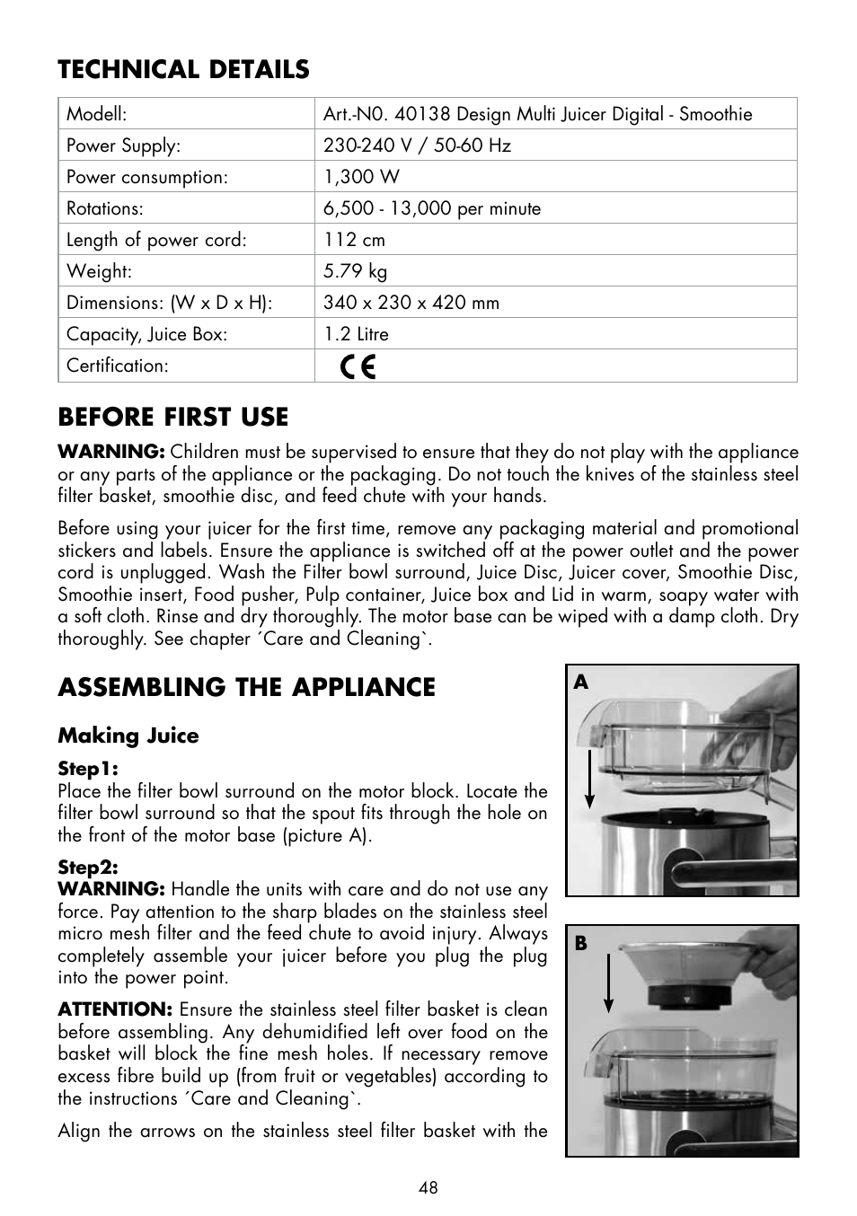 Technical details, Before first use, Assembling the appliance | Gastroback 40138 Design Multi Juicer Digital - Smoothie User Manual | Page 10 / 36