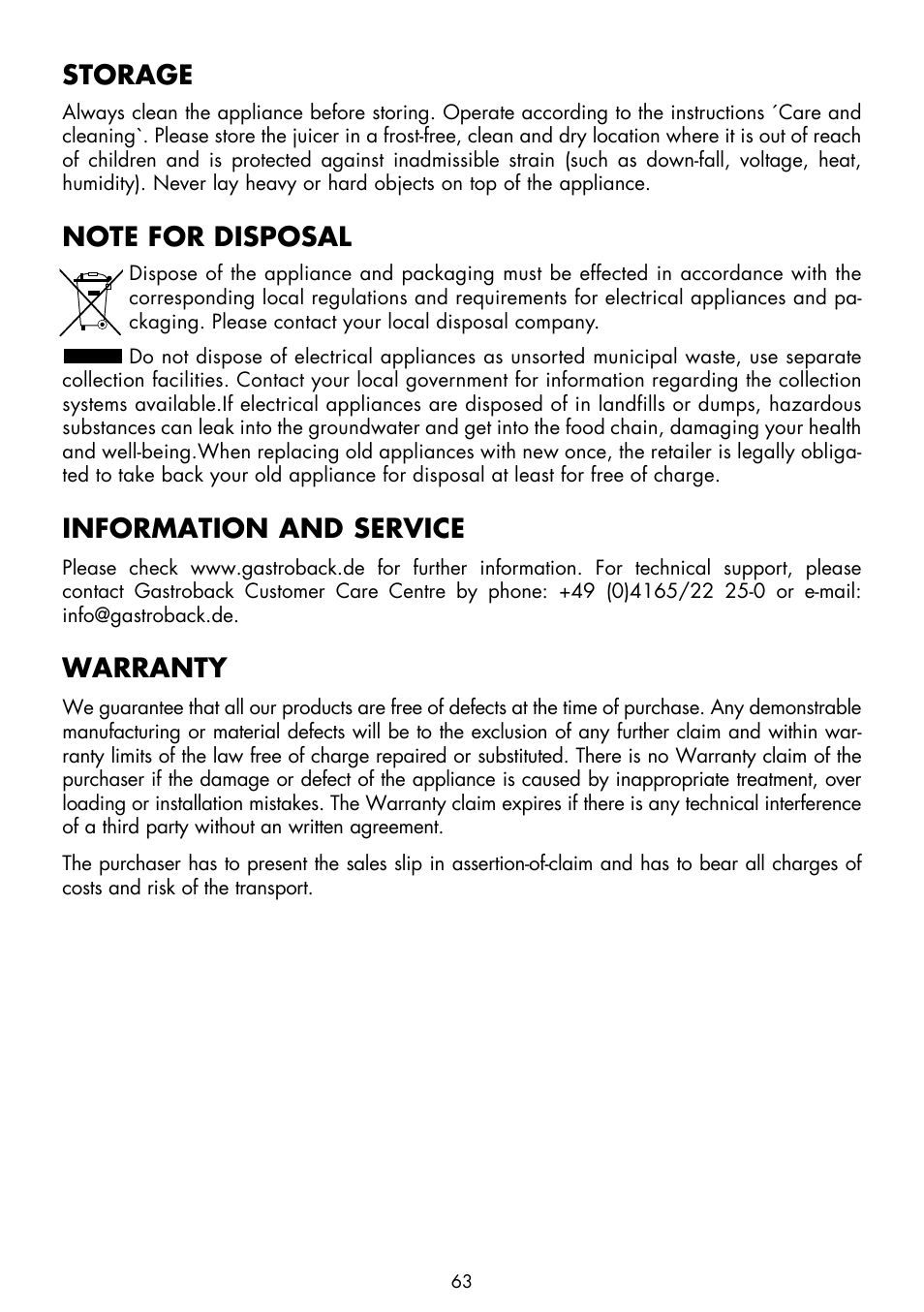 Storage, Information and service, Warranty | Gastroback 40138 Design Multi Juicer Digital - Smoothie User Manual | Page 25 / 36